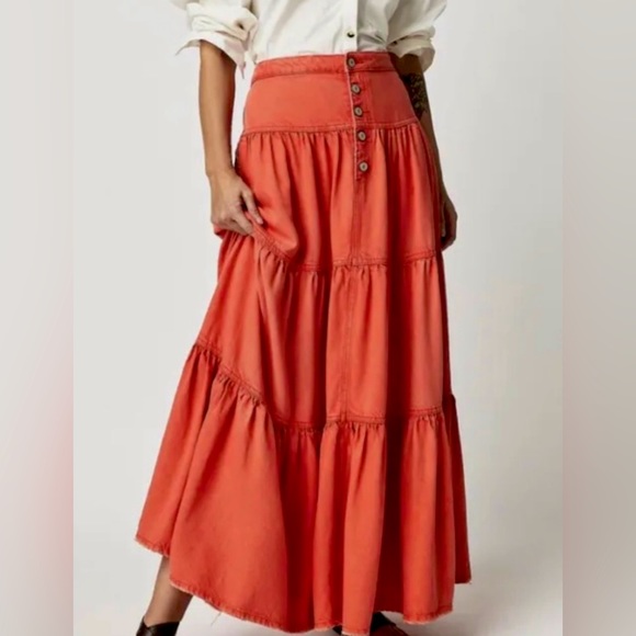 Free People Dreamweaver Denim Maxi Skirt In Firecracker Orange | We The Free - Picture 14 of 14